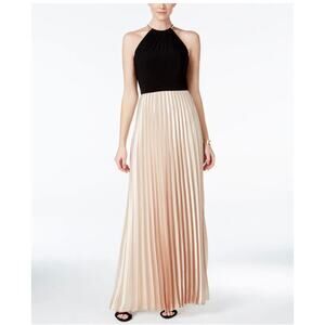 Xscape Black Champagne Gold Pleated Sleeveless Halter Maxi Gown Dress Size 4